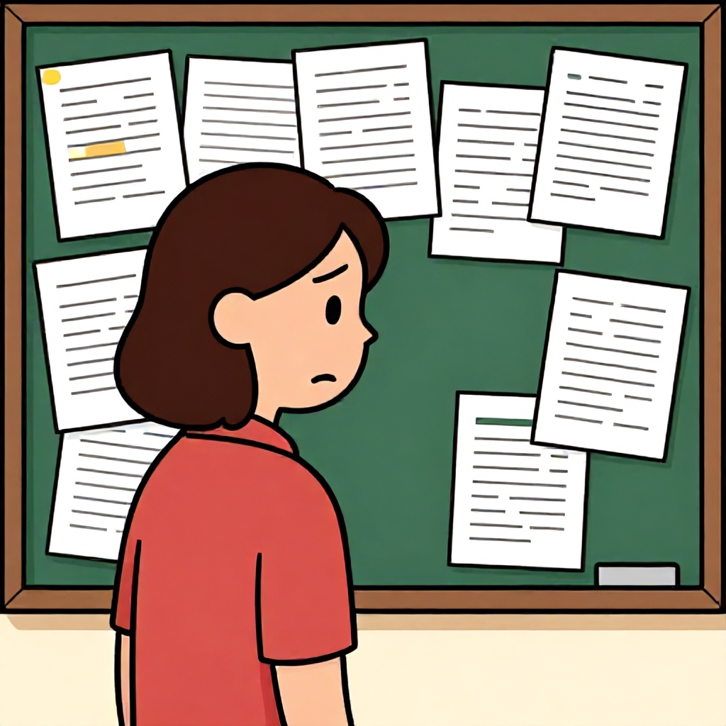 This cartoon illustration shows a stressed woman in a red shirt staring at a green bulletin board covered in numerous overlapping papers. The expression on the woman's face and the cluttered state of the board convey a mood of overwhelming work and anxiety. The simple, colorful line-art style highlights the relatable feeling of having a mounting pile of tasks to complete.