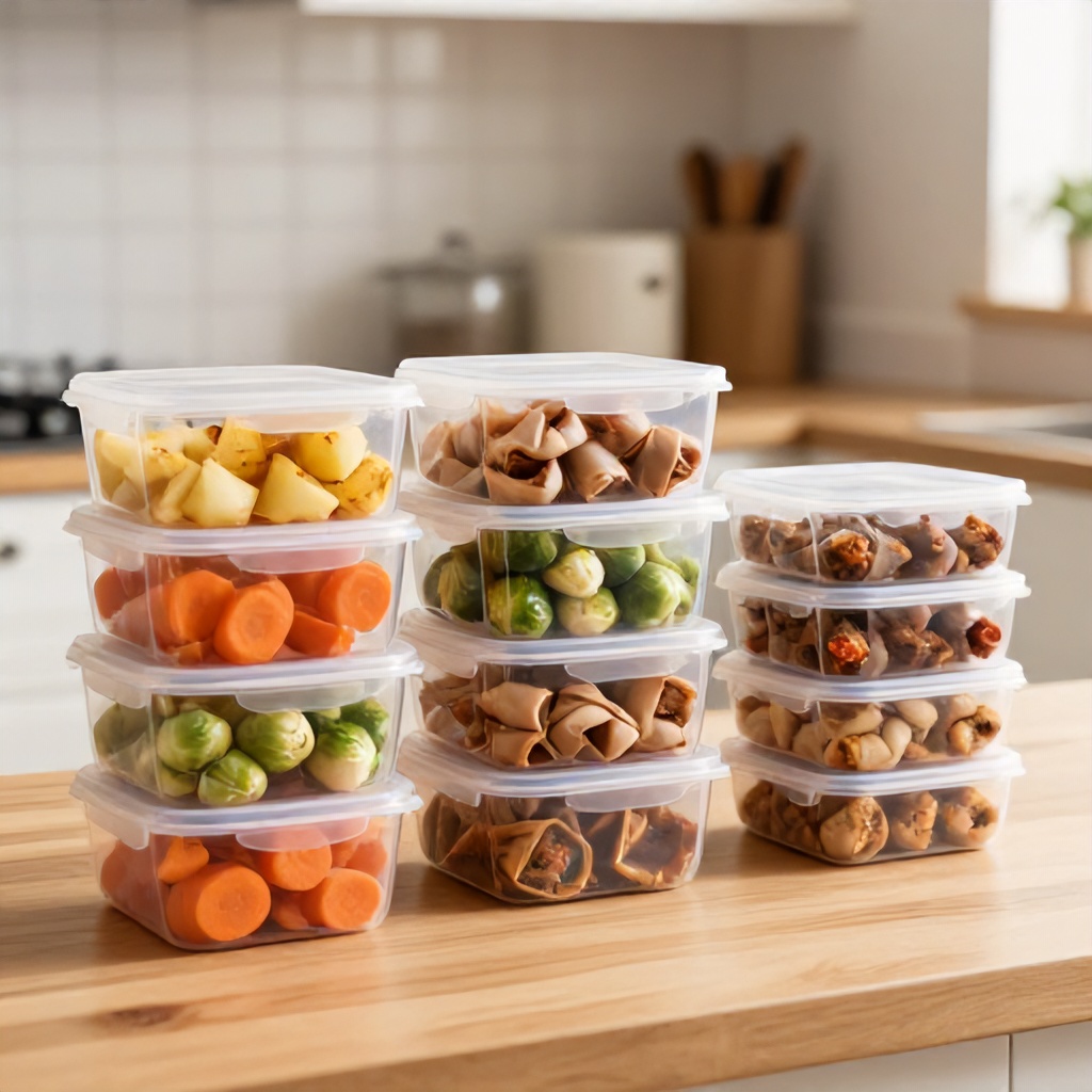 Several stacks of clear plastic containers filled with prepped food sit on a light wood kitchen counter. The containers are packed with a mix of ingredients, including roasted potato chunks, sliced carrots, brussels sprouts, and wrapped savory bites. The background features a blurred, homey kitchen environment with soft, neutral tones that create a practical and organized mood.