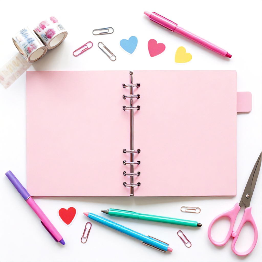 A bright, flat-lay composition features an open pastel pink binder surrounded by a colorful array of stationery supplies on a white background. Decorative items include rolls of patterned washi tape, metallic paper clips, stickers in the shape of hearts, pens, and ornate scissors. The overall aesthetic is cheerful, organized, and focused on creative planning and journaling.