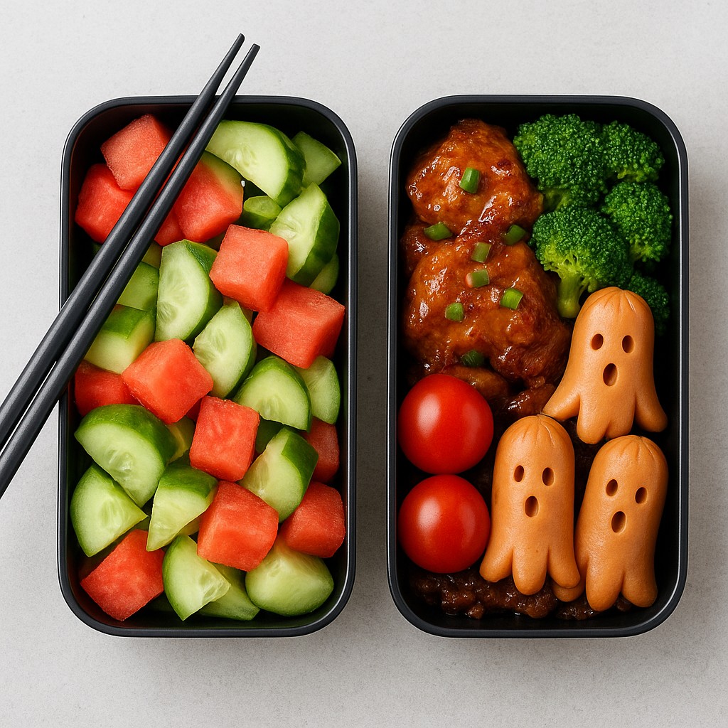 Two rectangular black bento boxes are set side-by-side on a light gray surface, with a pair of black chopsticks resting on the left container. The left box is filled with a colorful salad of cubed watermelon and sliced cucumbers, while the right box contains a savory meal featuring glazed meat, steamed broccoli, cherry tomatoes, and sausages carved into playful ghost shapes. The composition is vibrant and neat, showcasing a balanced and whimsical homemade meal.