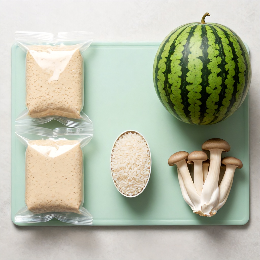 A top-down shot displays a variety of food items arranged on a light green cutting board against a neutral surface. The collection includes packaged plant-based protein products, a whole watermelon, a small scoop filled with uncooked white rice, and a cluster of fresh oyster mushrooms. The composition has a clean, culinary aesthetic with a focus on plant-based cooking ingredients.