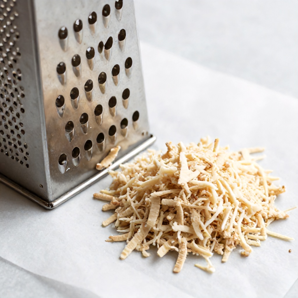 A metal box grater sits on a piece of parchment paper next to a small mound of finely shredded, light-colored food. The scene has a clean, culinary focus with soft, natural lighting that highlights the texture of the grated ingredients. The overall composition is simple and functional, suggesting a step in a cooking process.
