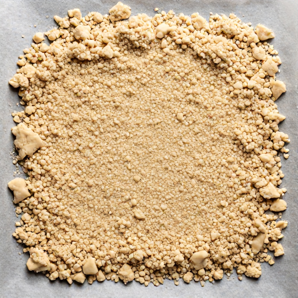 A top-down view shows a layer of beige, coarse dough crumbles spread evenly across a sheet of gray parchment paper. The texture is rustic and uneven, suggesting the preparation of a pastry topping or a crumble-based dessert. The neutral tones and repetitive pattern create a simple, clean, and organized culinary scene.