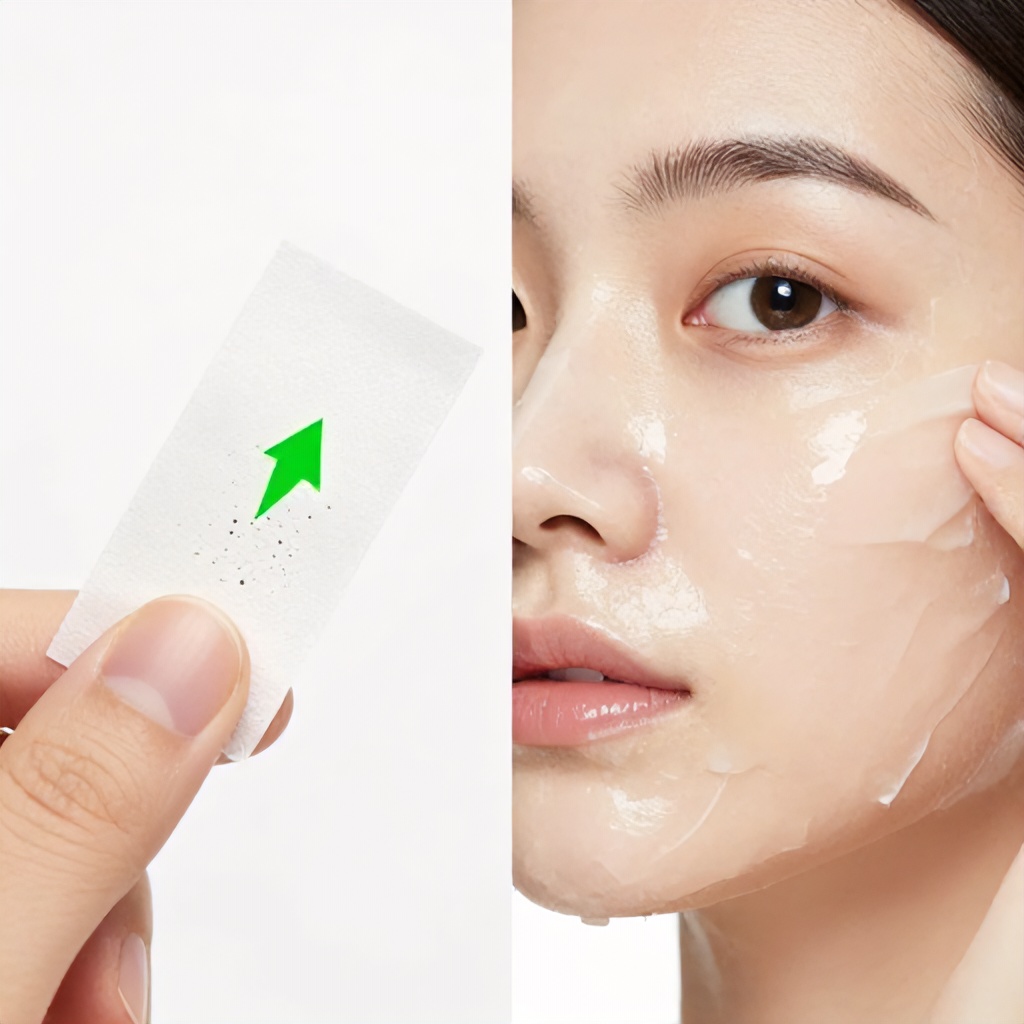 This split-panel image demonstrates a facial skincare treatment. On the left, a close-up shows a white strip held between fingers, featuring small, dark extracted particles highlighted by a bright green arrow. On the right, a woman with wide eyes is shown peeling a thin, transparent mask from her cheek, showcasing the application and removal of a skincare product.