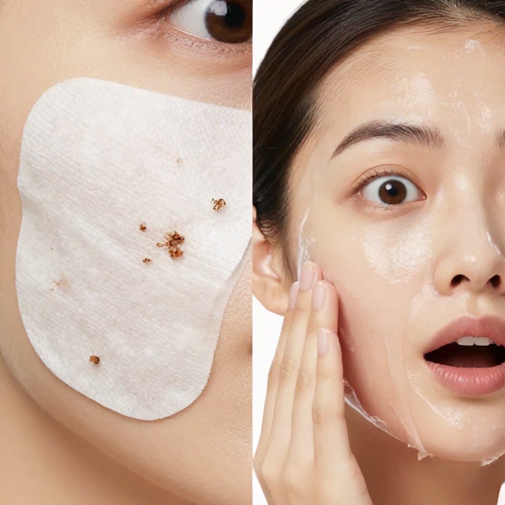 This composite image illustrates a facial skincare routine focused on deep cleansing and impurity removal. The left side features a close-up of a white adhesive strip covered in extracted debris, while the right side shows a woman peeling a transparent, film-like mask from her cheek. Her expression is one of wide-eyed surprise, highlighting the sensory experience of the treatment.