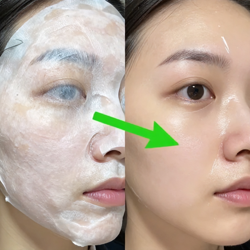This composite image shows a split-screen view of a facial skincare treatment in progress. On the right, a person with wide eyes peels a thin, clear mask away from their cheek, while the left side shows a close-up of a used white strip covered in small, extracted impurities. A bright green arrow points to the material removed on the strip, and the entire scene has a neutral, demonstrative mood focused on the results of the treatment.
