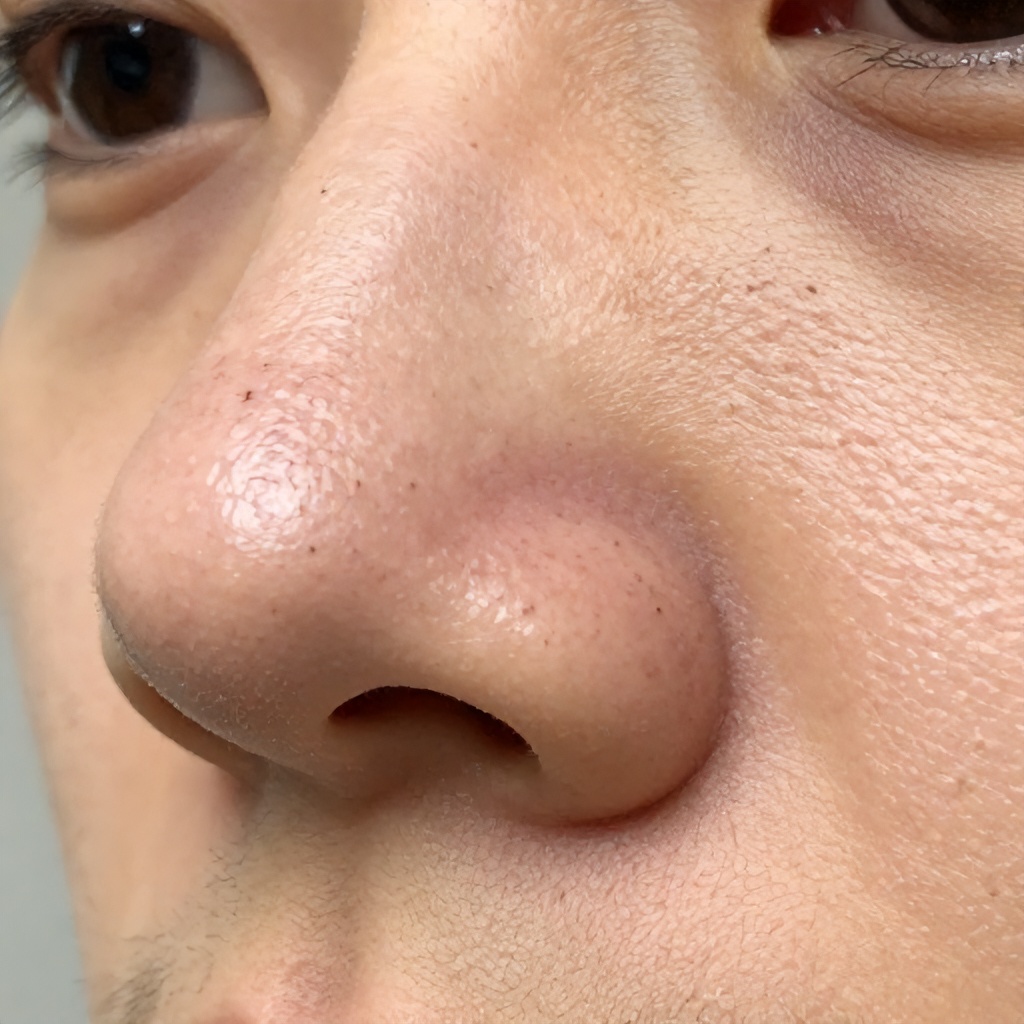 This close-up photograph shows the side profile of a person's nose and the surrounding skin of the cheek. Numerous visible blackheads and enlarged pores are concentrated across the bridge and sides of the nose against the light-toned skin. The lighting is bright and even, providing a detailed, clinical view of the skin's texture and imperfections.