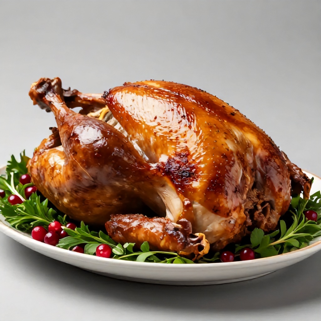 A whole roasted turkey with golden-brown, crispy skin is presented as the centerpiece on a white serving platter. The dish is garnished with a variety of fresh green herbs and scattered bright red cranberries, creating a colorful and festive display. The photograph uses a neutral grey background to emphasize the warm, savory textures of the meal.