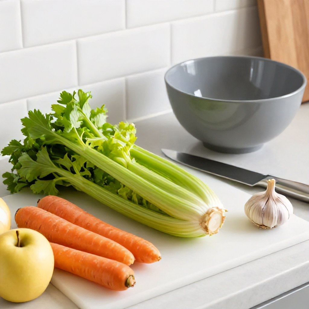 Fresh stalks of bright green celery are arranged on a white cutting board alongside whole carrots, yellow apples, an onion, and a head of garlic. A grey mixing bowl and a stainless steel chef's knife are positioned on the neutral-toned countertop, indicating the start of a meal preparation. The well-lit kitchen setting features a clean white tile backsplash and warm wooden accents in the background.