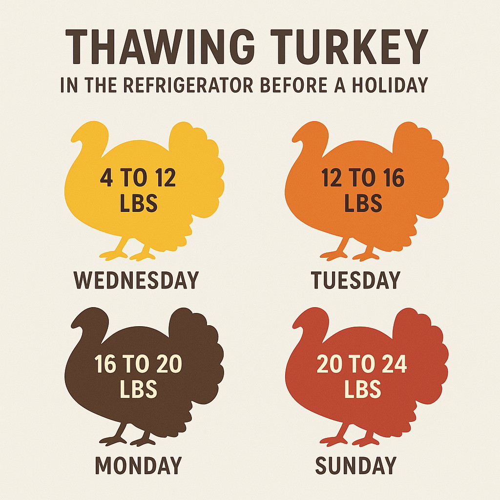 This infographic provides a guide for thawing turkeys of various weights in a refrigerator before a holiday. It features four colorful turkey silhouettes, each displaying a specific weight range and the corresponding day of the week to begin the thawing process. The design uses a warm palette of yellow, orange, brown, and red against a neutral light gray background, presenting the information in a clear and organized manner.