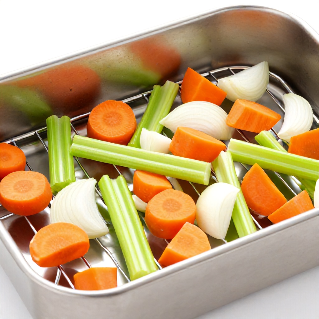 A stainless steel roasting pan holds a wire rack topped with an assortment of roughly chopped raw vegetables. Bright orange carrot chunks, vibrant green celery stalks, and white onion wedges are scattered across the reflective metallic surface. The image captures a clean, bright culinary scene focused on the fresh ingredients during the preparation stage of a meal.