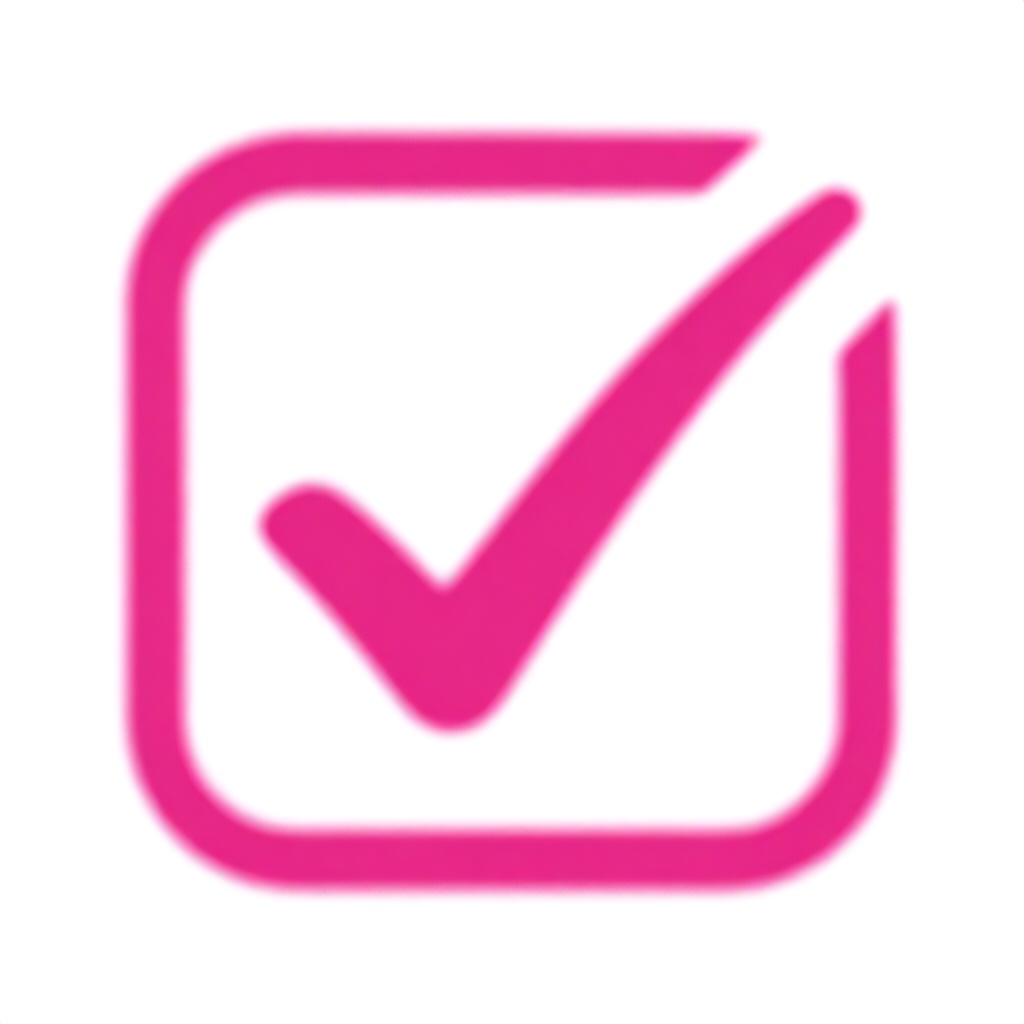 This is a close-up, blurred image of a pink checkmark inside a square outline. The image has a soft focus, creating a gentle and approachable feel. The dominant color is a bright pink against a white background.