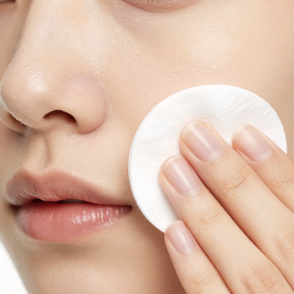A close-up shows a person's nose and lips, with a cotton pad being used to clean the skin. The focus is on the pores and texture of the skin, with a bright, clean aesthetic. The overall mood is one of personal care and hygiene.