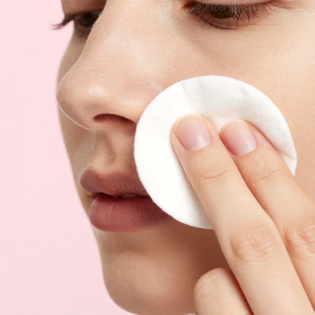 A close-up shot focuses on a person's nose and mouth area, showcasing skin texture and pores. A cotton pad is being gently pressed against the side of the nose. The overall aesthetic is clean and informative, with a soft, pale pink background.