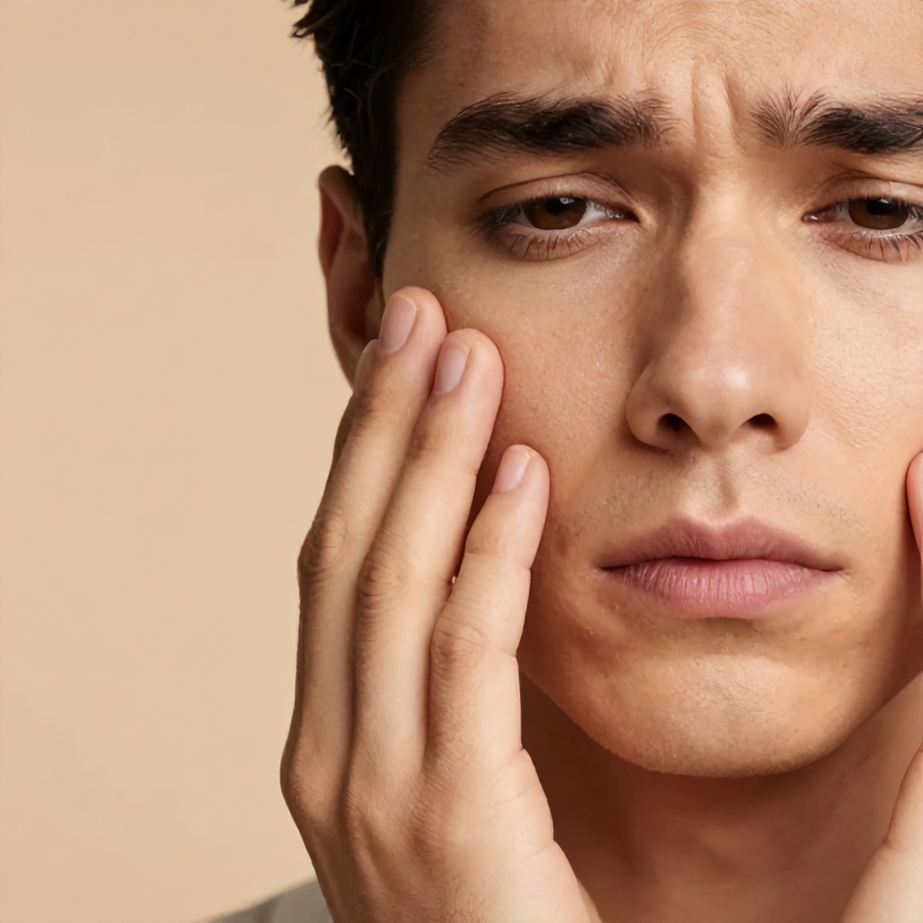 A close-up shot shows a person's face and hands against a plain, warm beige background. Two fingers are shown touching the cheek, while the person's expression conveys concern or contemplation. The overall mood is focused and perhaps slightly worried, with a soft studio lighting enhancing the skin tones.