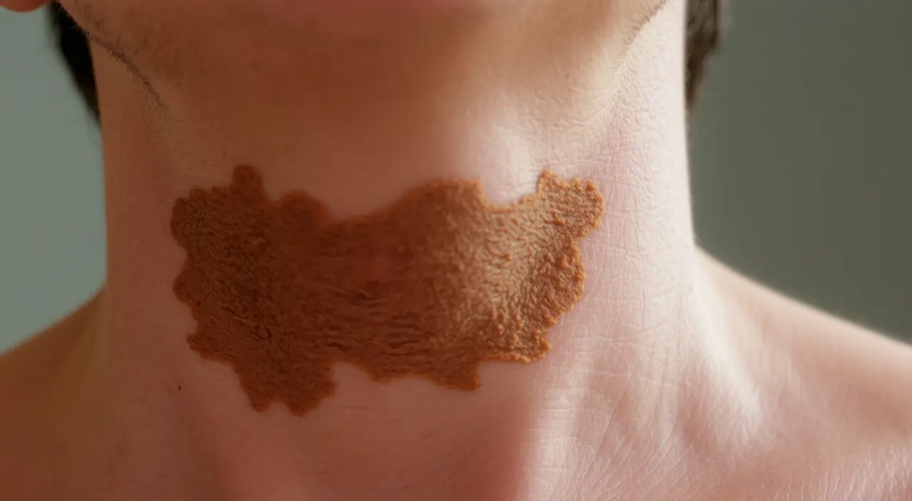 A close-up, medium shot of a person's neck, focusing on the skin. The skin exhibits a noticeable darkening and a slightly thickened, velvety texture in specific areas, particularly around the nape and collarbone. The lighting is soft and even, creating a neutral, clinical atmosphere. The color palette is dominated by natural skin tones with subtle variations in the hyperpigmented areas, appearing as a deeper brown or greyish-brown against the surrounding skin. The background is blurred and indistinct, ensuring the neck is the sole focus. The camera angle is straightforward and objective, like a medical illustration.