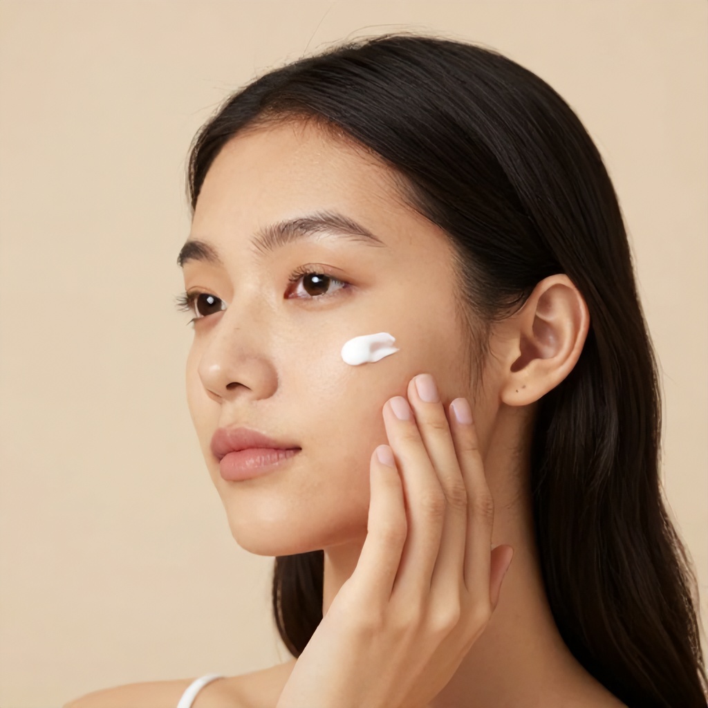 A young person with long, dark hair is shown in a close-up portrait against a soft, neutral beige background. They are applying small, individual dots of a white skincare cream to their cheek with their fingertips. The image has a clean, minimalist aesthetic that evokes a sense of gentle self-care and skincare routines.
