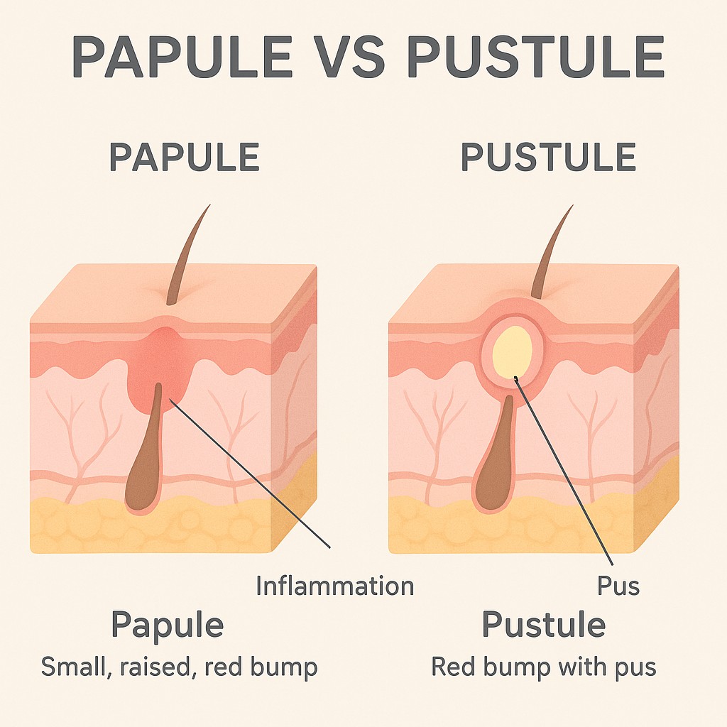 This educational infographic features two medical-style cross-section diagrams of human skin to illustrate the physical differences between a papule and a pustule. The illustrations use soft, illustrative tones to show the internal structure of the skin layers, including hair follicles and inflammation. Descriptive text accompanies each visual to explain the biological processes and characteristics associated with each condition.