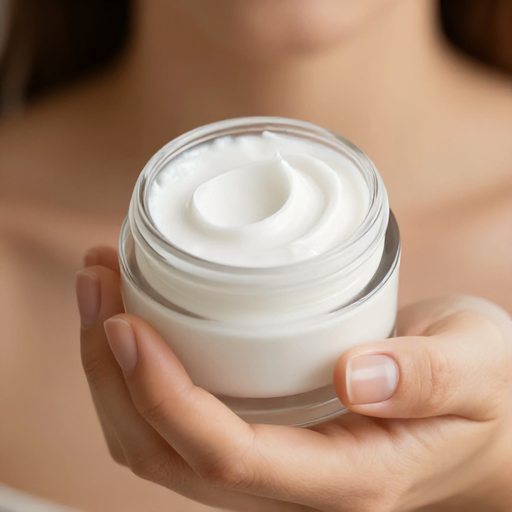 A close-up view focuses on a person's hands holding a small, open glass jar filled with a thick, white face cream. The soft, natural lighting highlights the smooth texture of the product and the warm skin tones of the individual, creating a clean and tranquil aesthetic. The shallow depth of field keeps the focus entirely on the skincare jar, emphasizing a sense of self-care and gentle beauty.