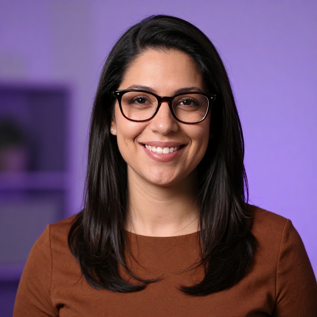 This portrait features a woman with long, dark hair wearing dark-rimmed glasses and a simple brown top. She has a friendly, smiling expression and is captured against a soft, out-of-focus background with purplish hues. The overall mood is approachable and professional.
