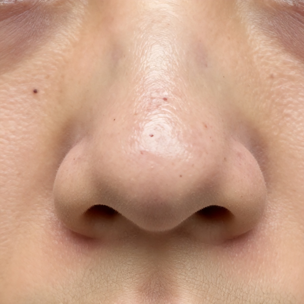 The image features a close-up, high-resolution view of human skin, specifically focusing on the area around the nose. Numerous visible blackheads are present across the surface of the skin, highlighting common dermatological concerns. The photograph uses a clinical and direct perspective to clearly display skin texture and pore congestion.