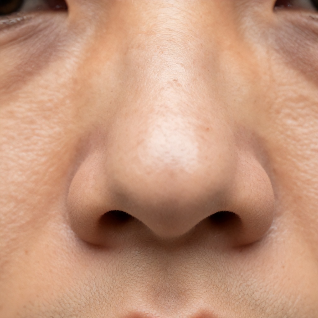 This extreme close-up photograph captures a person's facial features, focusing specifically on the nose and surrounding cheek area. The lighting highlights the natural skin texture, including visible pores and the presence of small dark spots on the bridge and sides of the nose. The overall mood is clinical and observational, emphasizing a realistic detail of human skin.
