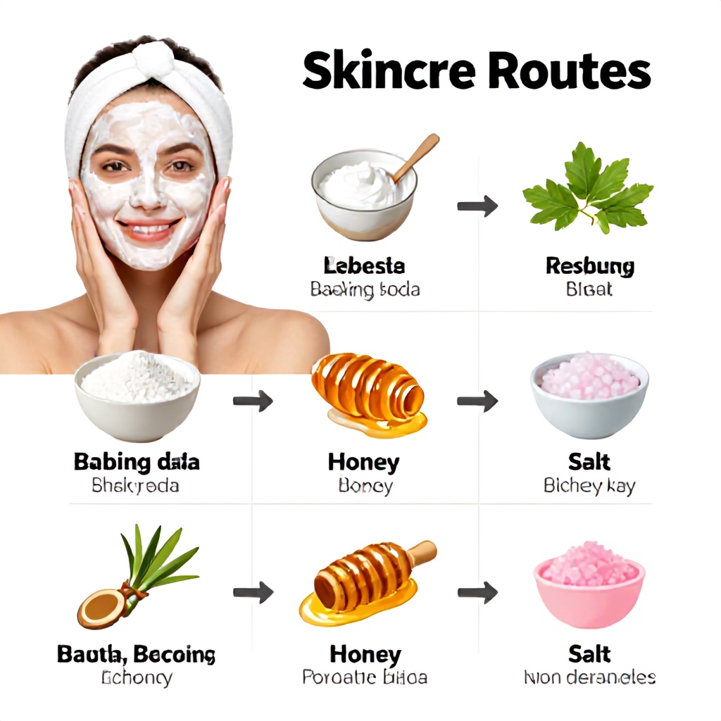 This infographic explains a home skincare routine for addressing blackheads using a mixture of baking soda, honey, and salt. It features a photograph of a smiling woman wearing a white headband and a face mask, accompanied by ingredient illustrations and step-by-step instructions. The clean, bright design utilizes a color palette of white, black, and pink to present information in an organized, instructional format.