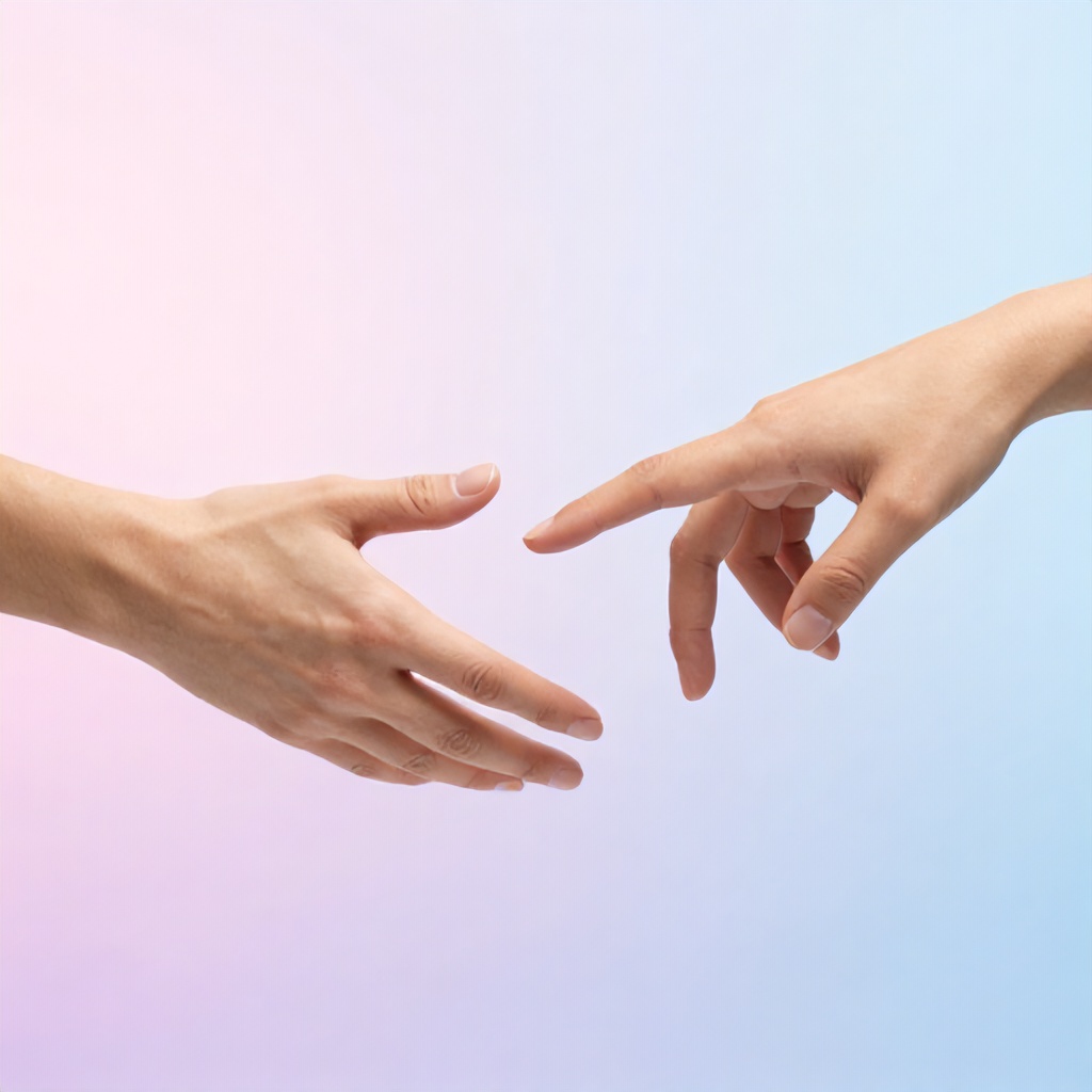 The image displays two human hands, distinct in their skin tones, reaching towards each other with extended fingers. They are positioned against a softly blurred background that blends delicate shades of pale pink, lavender, and sky blue. The composition is clean and minimalist, evoking a sense of connection, gentle interaction, or the bridging of a gap.