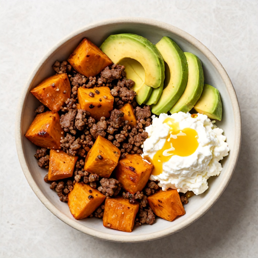 A high-angle shot features a bowl filled with a healthy meal consisting of roasted sweet potato cubes, seasoned ground meat, fresh avocado chunks, and a scoop of cottage cheese drizzled with golden syrup. The ingredients are arranged in distinct sections within a rustic, light-colored ceramic bowl set against a pale, patterned background. The overall presentation is clean and appetizing, highlighting the vibrant colors and varied textures of the prepared food.