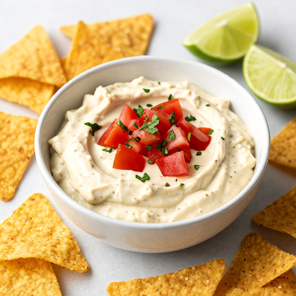 A white bowl filled with creamy, spiced dip is centered on a light surface, topped with fresh diced tomatoes and chopped herbs. It is surrounded by a scattering of crunchy yellow tortilla chips and slices of fresh lime. The arrangement creates a bright, appetizing, and informal mood, perfect for a casual snack or party appetizer.