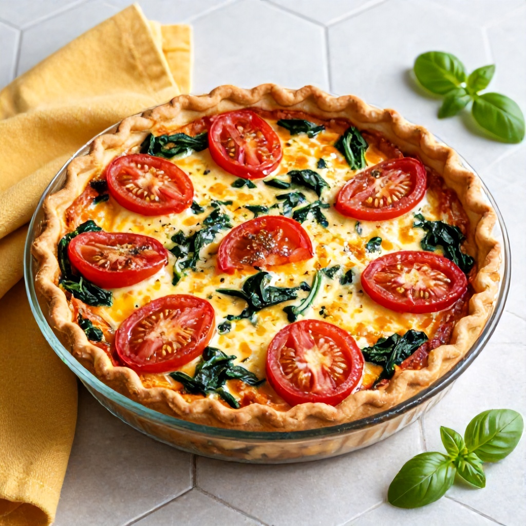 A savory quiche with a golden, flaky crust sits in a glass pie dish, sliced into sections. The filling is a rich mixture of melted cheese, bright red tomato slices, and dark green spinach, all seasoned with a dusting of black pepper. The dish is presented on a light, hexagonal-tiled surface alongside a textured yellow napkin and a few sprigs of fresh basil, creating a warm and inviting kitchen scene.