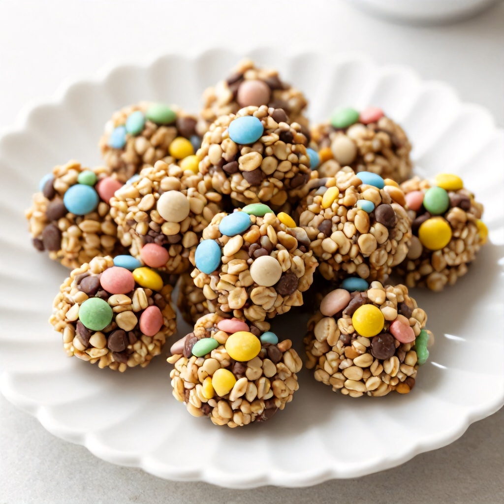 A pile of oatmeal energy bites mixed with colorful candy-coated chocolate pieces is presented on a white, scalloped-edge plate. The treats have a rustic, textured appearance and are speckled with pastel-colored candies in shades of blue, pink, yellow, and green. The soft, natural lighting and simple setting create a bright and inviting mood.