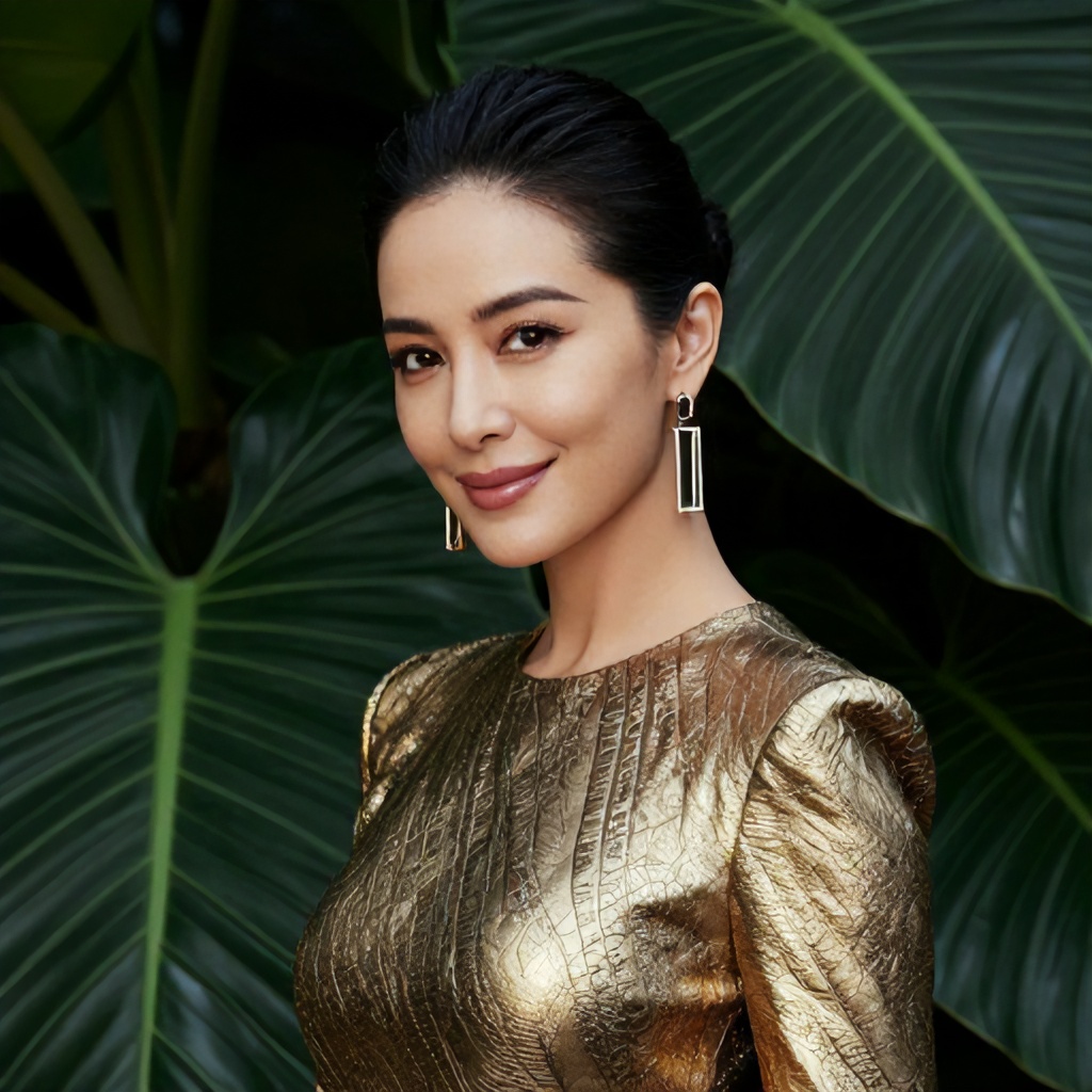 A woman with dark hair pulled back in an elegant updo poses against a lush background of large, dark green tropical leaves. She wears a striking metallic gold textured top and long, rectangular hoop earrings, creating a sophisticated and polished appearance. The overall mood is glamorous and serene, highlighted by her radiant smile and soft lighting.