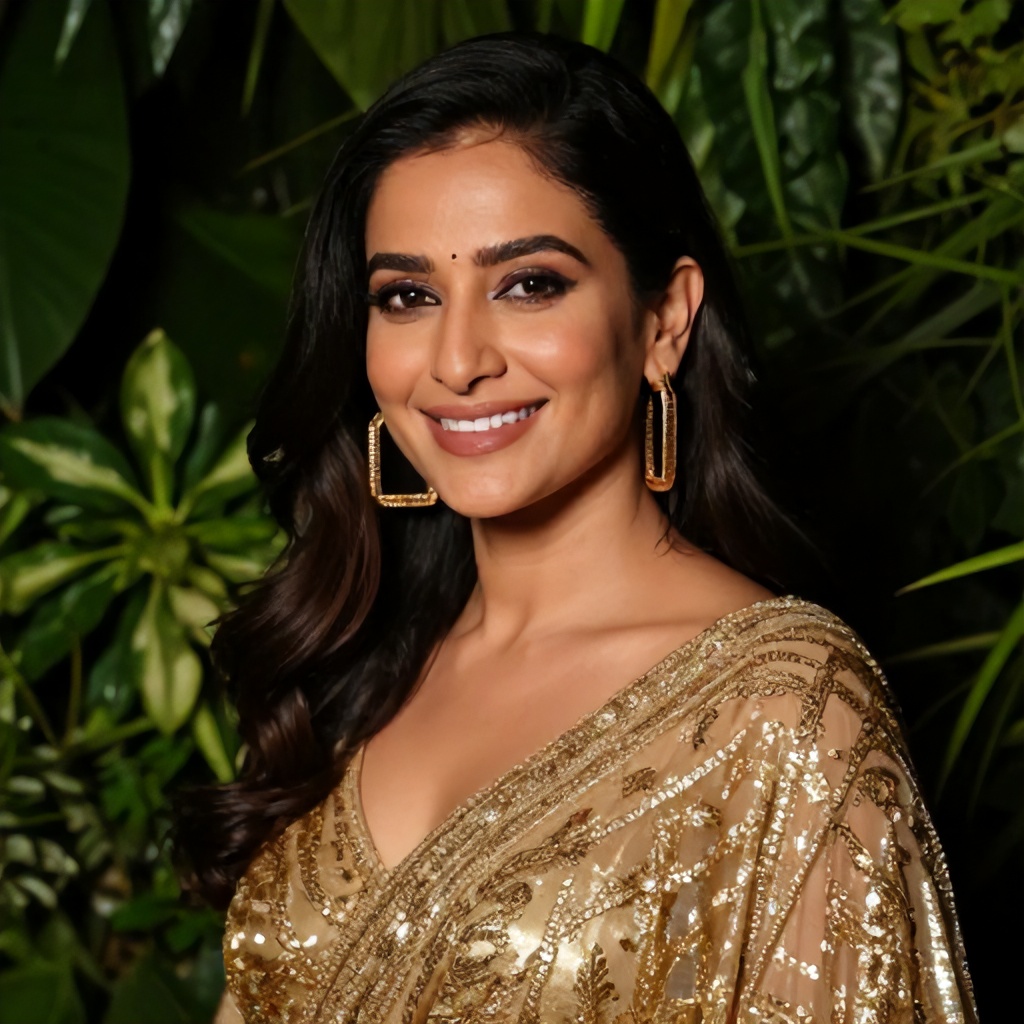 A smiling woman is captured in a close-up portrait against a lush, dark green foliage background. She wears large, rectangular hoop earrings and a detailed, shimmering gold garment that reflects light. The overall mood is sophisticated and elegant, emphasizing a glamorous aesthetic.