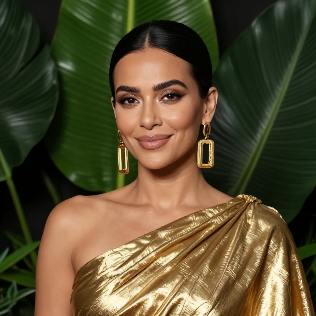 A woman with dark hair pulled back in a neat updo smiles softly while wearing large, rectangular gold hoop earrings. She is dressed in a shimmering, metallic gold garment with a textured surface. The background consists of lush, dark green tropical leaves, creating a sophisticated and natural contrast to her polished look.
