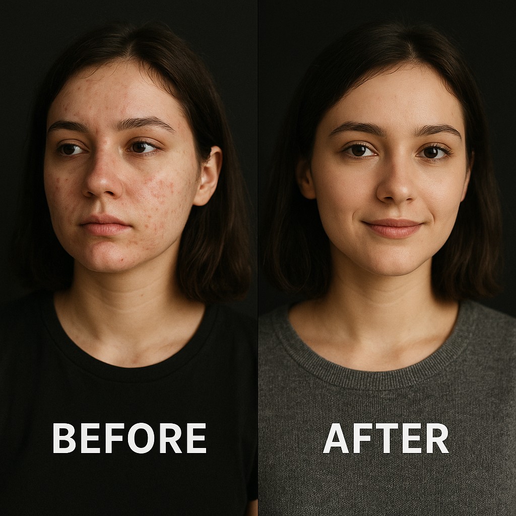 This split-screen image features a young woman shown in two different portraits, highlighting a contrast in her appearance. The photographs have a candid, personal quality, focusing on facial texture and expression. The overall composition is presented against a dark background with text overlaying the bottom portion.