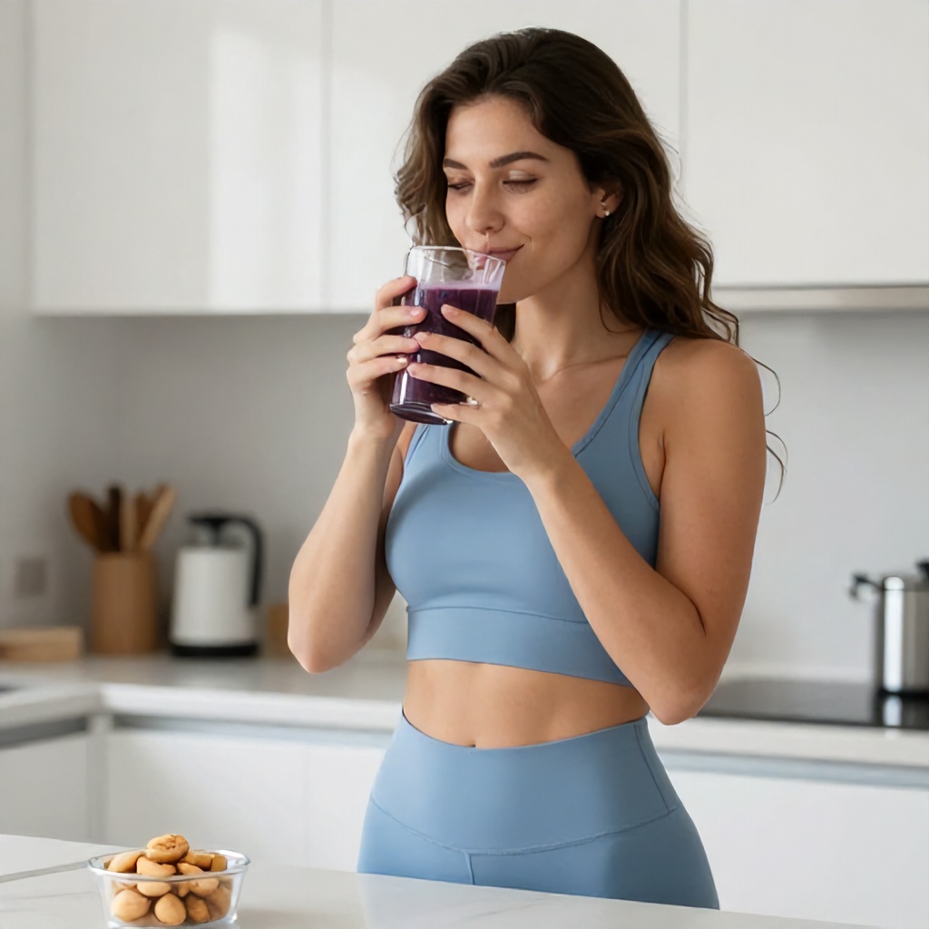 A woman with long, wavy brown hair wears a matching light blue athletic top and leggings while standing in a bright, modern kitchen. She is smiling gently and drinking from a clear glass filled with a dark purple smoothie, holding it with both hands. In the foreground on the kitchen counter, a small clear container holds several round, bite-sized snacks.
