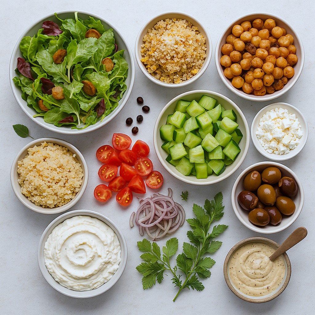 A flat-lay photograph showcases an array of fresh, vibrant salad ingredients arranged in various bowls on a light, textured surface. The spread features healthy components including a large bowl of greens, cooked quinoa, roasted chickpeas, feta cheese, chopped cucumbers, cherry tomatoes, red onion, olives, fresh herbs, hummus, tzatziki, and a small jar of dressing. The composition is clean and organized, highlighting a colorful variety of textures and Mediterranean-inspired flavors.