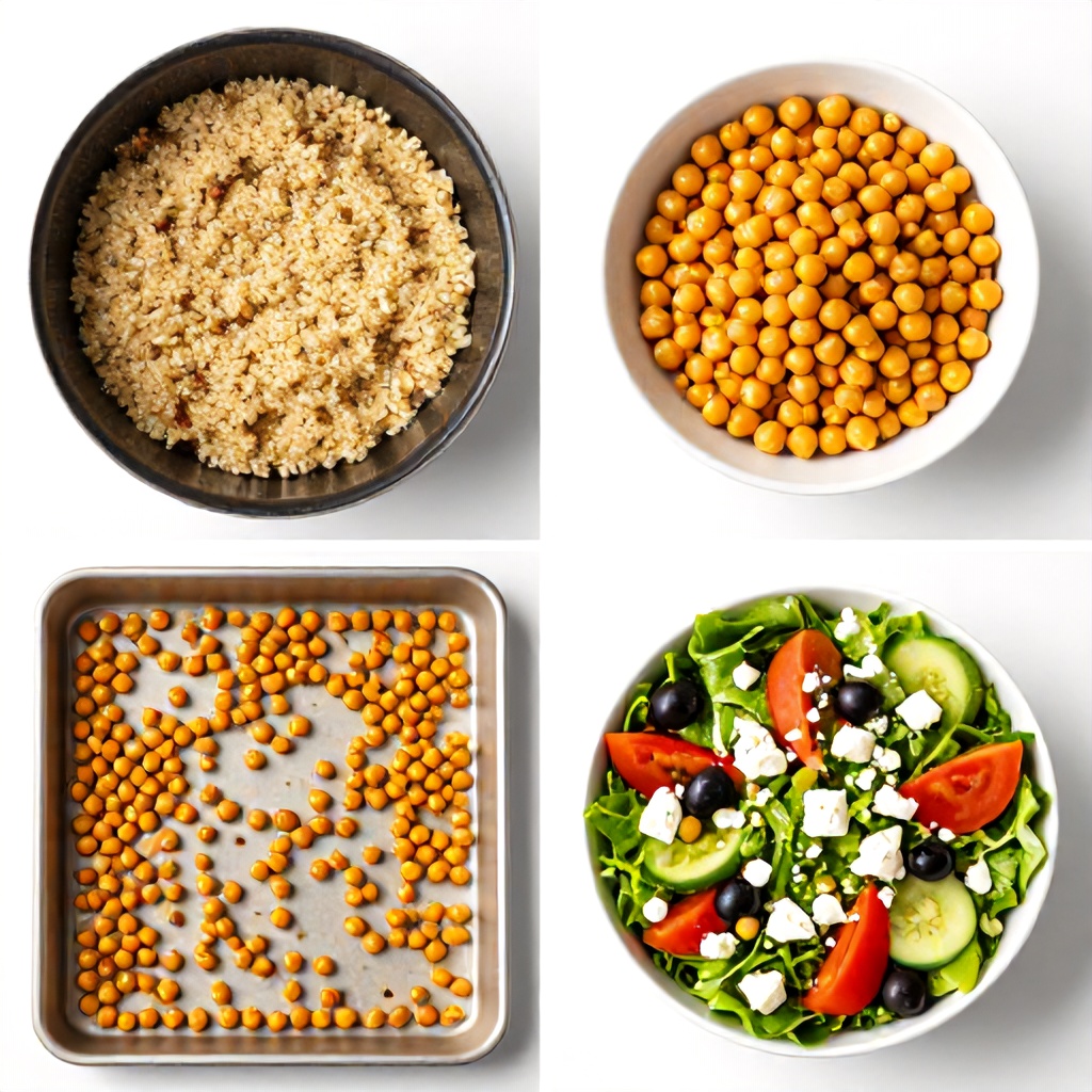 This four-part collage illustrates the preparation of a healthy meal, starting with a pot of cooked quinoa and a bowl of seasoned chickpeas. A baking sheet shows the chickpeas after they have been roasted, while the final panel presents a vibrant salad bowl assembled with the prepared ingredients, fresh greens, olives, feta cheese, and vegetables. The overall aesthetic is clean, bright, and focused on fresh, wholesome food preparation.