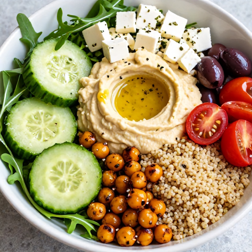 This vibrant Mediterranean-style bowl features a fresh base of arugula topped with fluffy quinoa, roasted chickpeas, cucumber slices, cherry tomatoes, and Kalamata olives. A generous dollop of creamy hummus and crumbled feta cheese sit atop the ingredients, all finished with a light, herb-infused dressing. The composition is bright and appetizing, highlighting a colorful array of textures and wholesome, nutritious components.