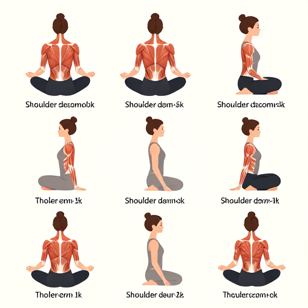 This anatomical diagram illustrates a sequence of seated stretches aimed at addressing shoulder discomfort. It features seven figures, primarily detailed muscle structures of the back, shoulders, and arms, posed in various yoga-like positions. Each illustration is accompanied by text indicating breathing repetitions. The overall style is educational and informative, set against a light background.