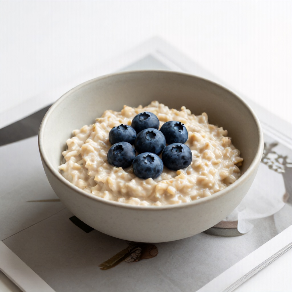 Minimalist Oatmeal Breakfast with Blueberries and Magazine Pages