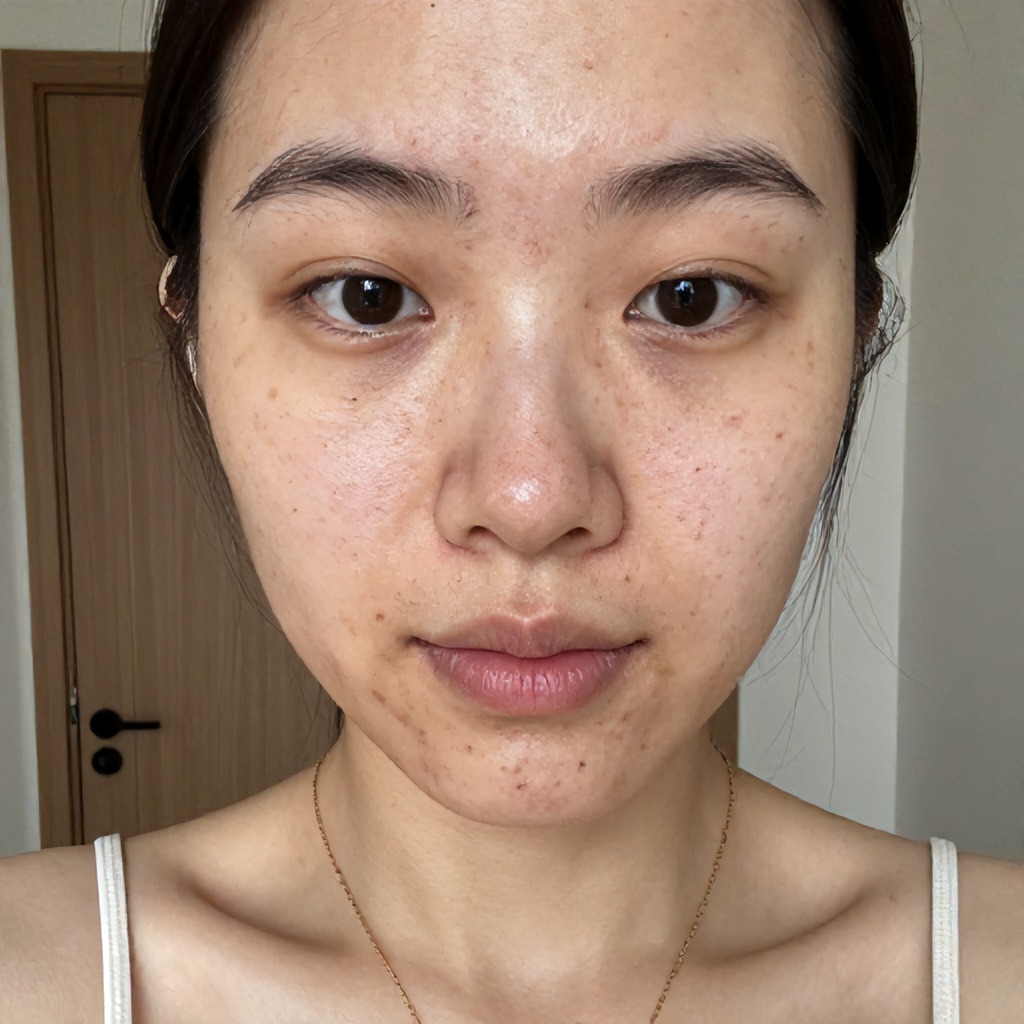 This close-up portrait captures a person with visible acne across their forehead and cheeks, presented in a natural, candid style. The lighting is soft and bright, emphasizing a raw and authentic aesthetic. The subject wears a simple spaghetti-strap top and a delicate gold necklace, against an interior background with neutral wood tones.