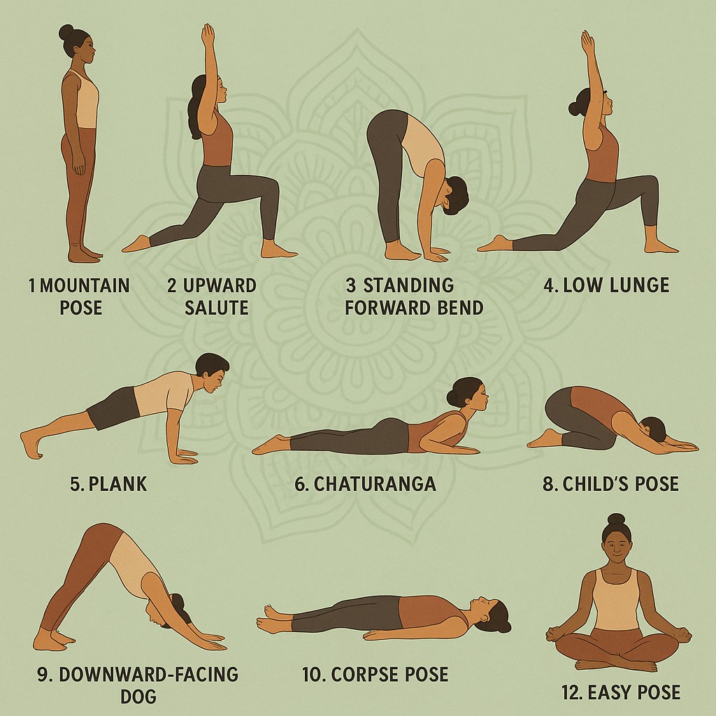 This instructional graphic displays a series of twelve numbered yoga poses arranged in a grid against a soft, sage-green background with a faint decorative mandala pattern. The illustrations feature diverse figures in various active and meditative stances, each accompanied by a clear text label identifying the specific movement. The overall aesthetic is calm and informative, providing a structured guide for a morning stretching routine.