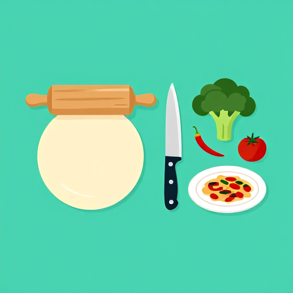 This panoramic image features a flat, minimalist illustration of cooking ingredients and tools set against a solid teal background. On the left, a wooden rolling pin rests above a spread of dough, while the right side displays a knife, broccoli, a red chili, a tomato, and a plate of prepared food. The overall style is clean, colorful, and lighthearted, evoking a creative culinary atmosphere.