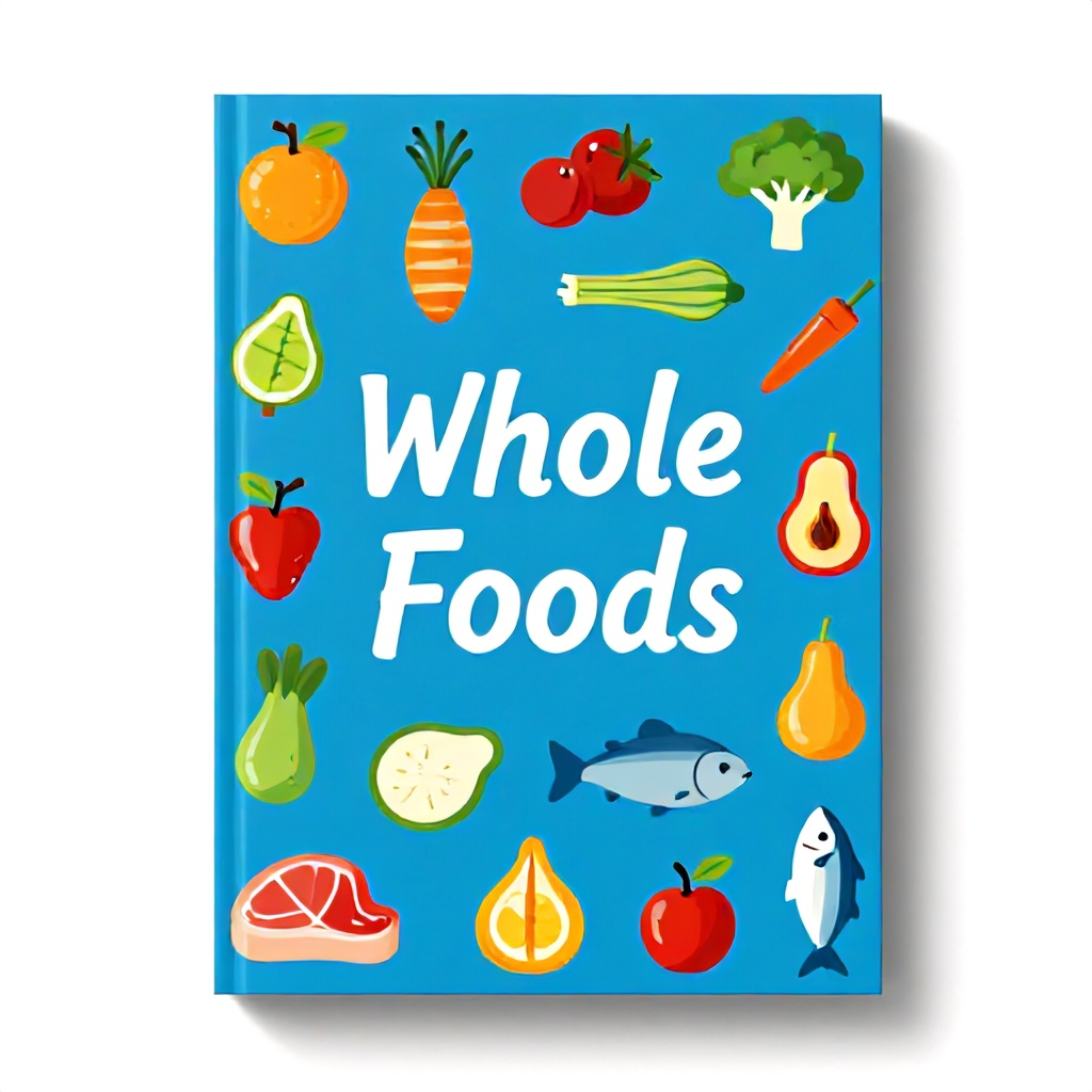 This image shows a book cover featuring a vibrant blue background decorated with a playful, flat-style illustration pattern of various whole foods like fruits, vegetables, meat, and fish. The title is presented in a prominent white script and sans-serif font centered on the cover. The overall design has a clean, modern aesthetic with a bright and instructional mood.