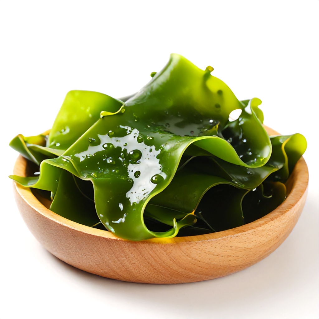 This image features a close-up of vibrant, fresh green sea kelp resting inside a rustic wooden bowl. The focus is soft and clean, with a white background that highlights the natural, healthy textures of the seaweed. The overall mood is bright and minimalist, emphasizing a natural approach to wellness.