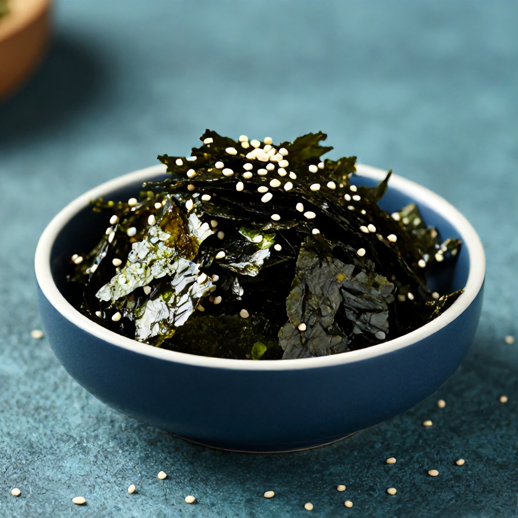 A blue bowl filled with shredded, dark green toasted seaweed flakes sits on a textured teal surface. The seaweed is lightly garnished with small white sesame seeds, which are also scattered around the base of the bowl. The lighting creates a cool, calm atmosphere with a soft, out-of-focus background that highlights the crisp texture of the food.