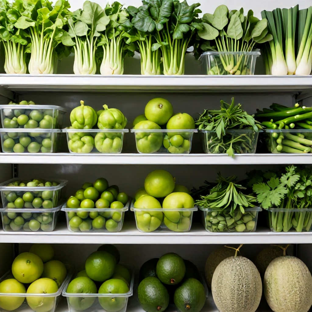 This image showcases a vibrant and meticulously organized collection of fresh green produce arranged across several shelves. Various fruits and vegetables, including leafy greens, herbs, citrus, and melons, are neatly stored in clear containers and directly on shelves. The scene is dominated by diverse shades of green, from light lime to deep avocado, emphasizing freshness and natural abundance. The overall impression is one of healthful living and careful preparation within a clean, cool storage environment.