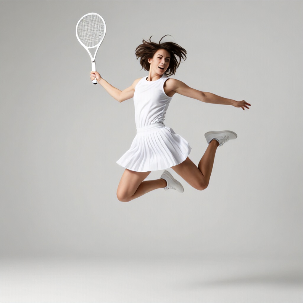 This dynamic image features an athletic individual suspended mid-air against a uniform light gray background. Dressed entirely in white sports attire, including a sleeveless top, a pleated skirt, and athletic shoes, the person holds a white tennis racket. The subject's intense facial expression and dynamically ruffled hair and clothing convey a mood of focused action and high energy.